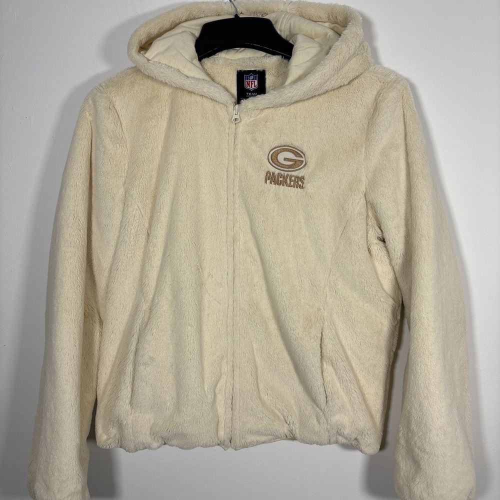 Green Bay Packers NFL G-III Women's Large Faux Fur Jacket Large Off White Plush